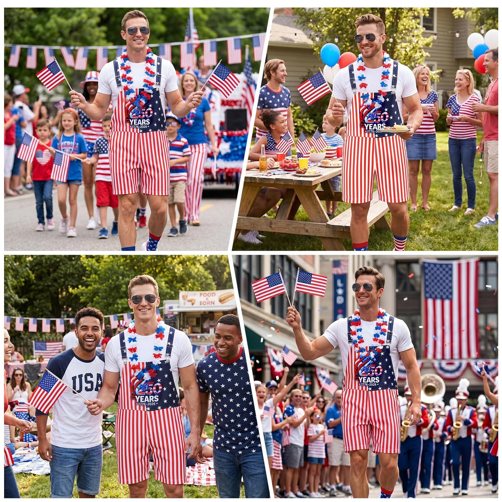 American Flag Overalls Men,2 5 0 Anniversary Romper 4th of July Denim Red Whi... gallery