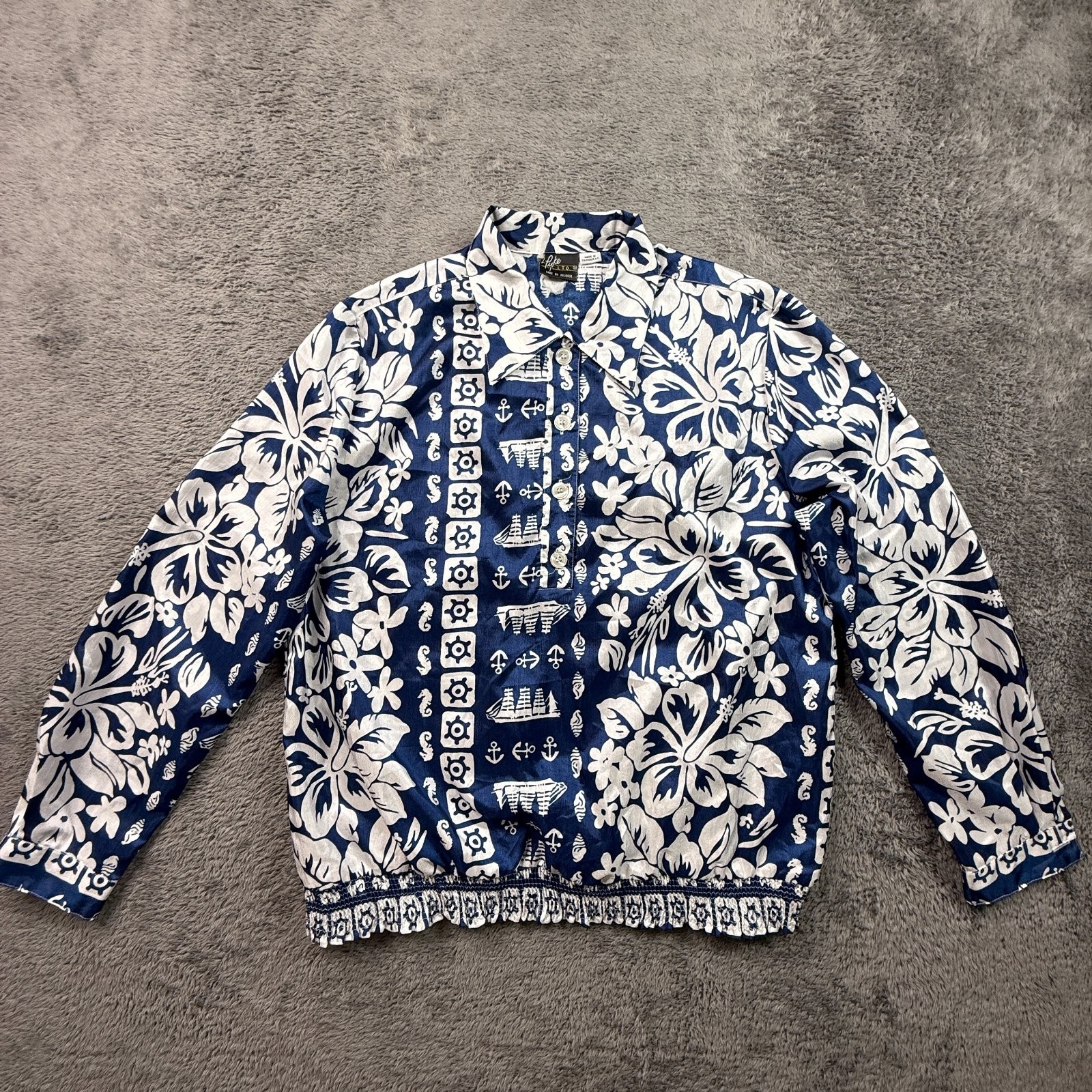 Vintage 80s Pyke Ltd Hawaiian Shirt Womens M Navy Blue Hibiscus Nautical Print gallery