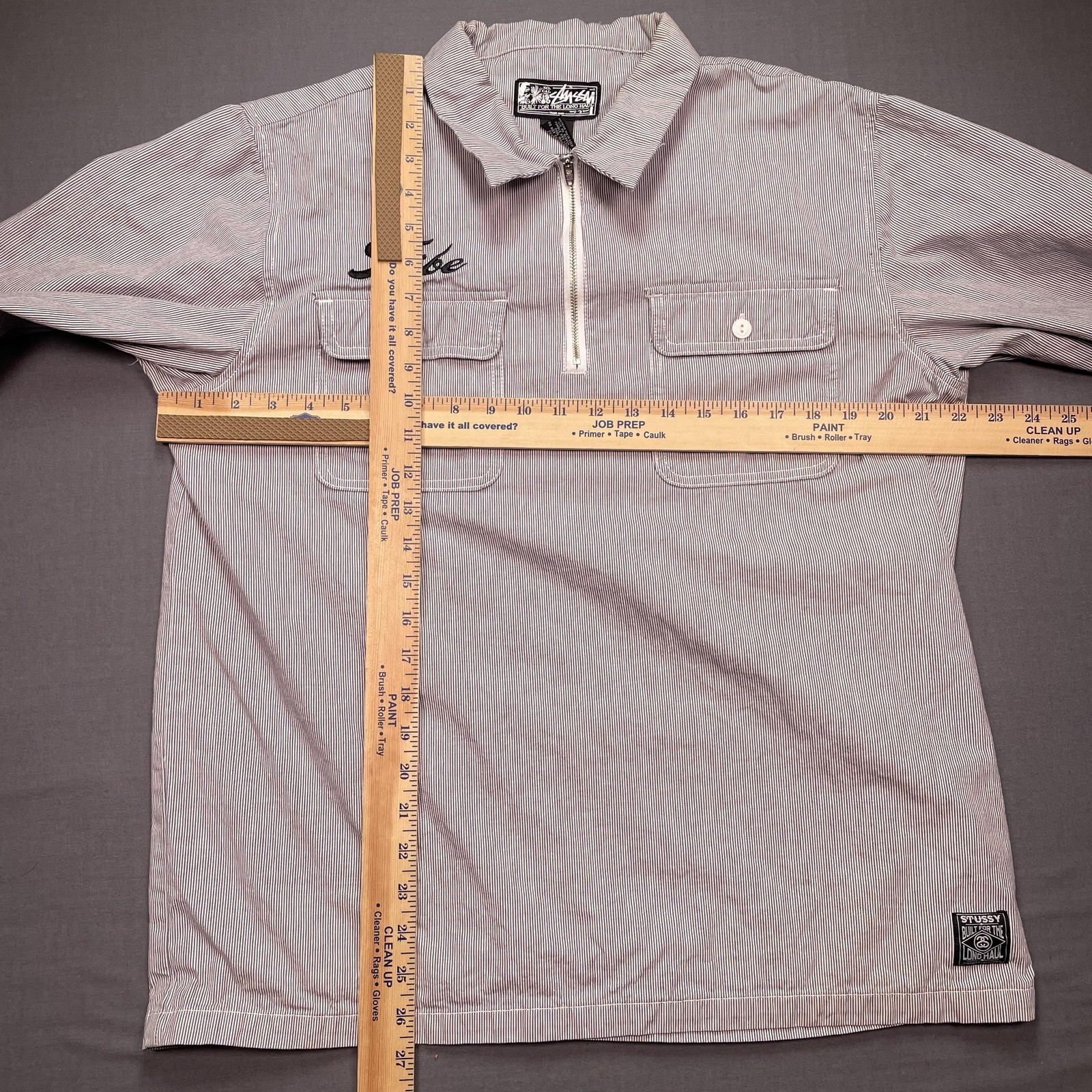 Stussy Shirt Mens Large Gray Striped Tribe Half Zip Long Sleeve Woven Pullover gallery