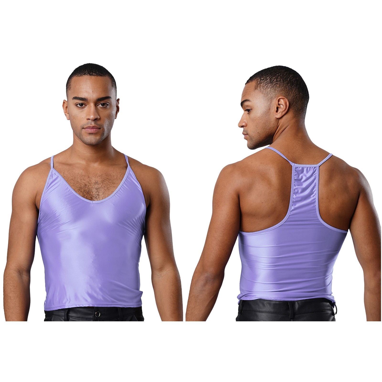 Mens Sling Crop Top Vest Glossy Sleeveless Camisole Bodybuilding Sports Clubwear