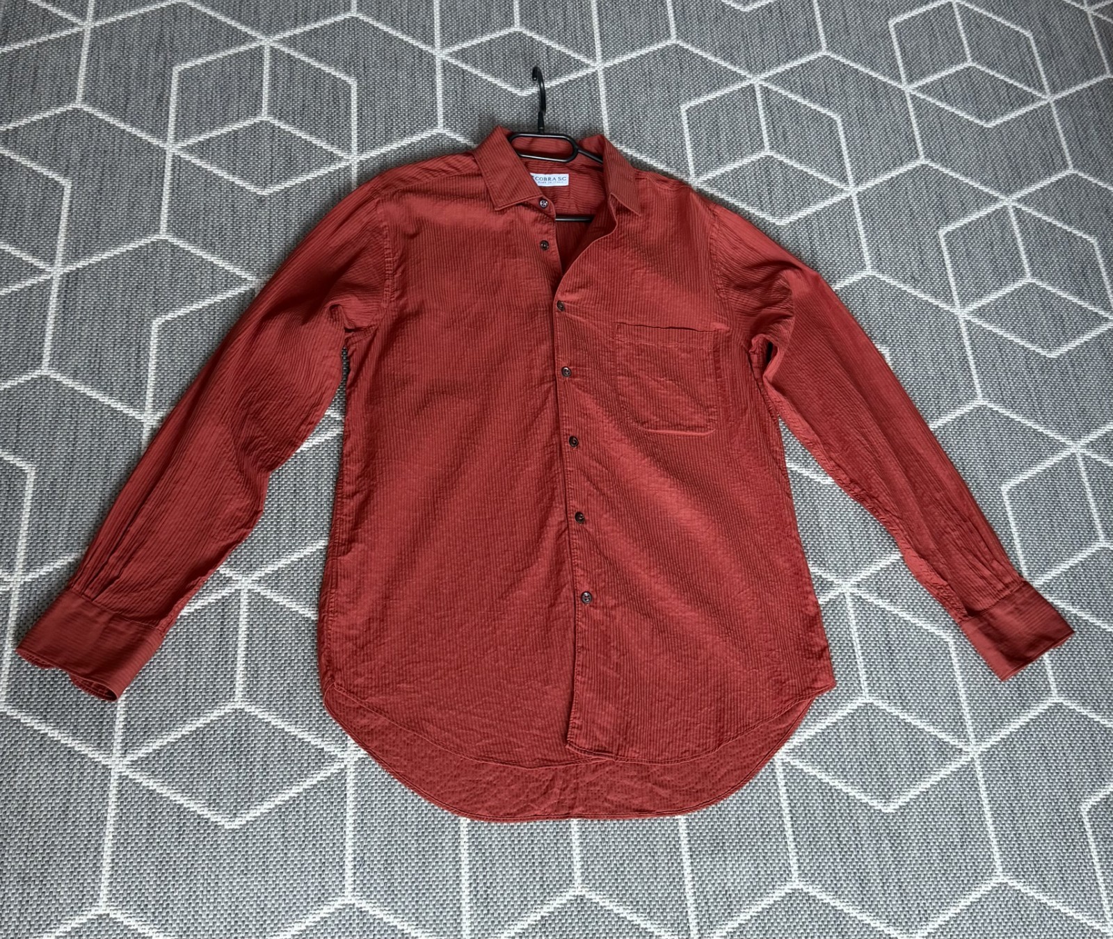 COBRA S.C. Men's Rust Red Textured 100% Cotton Long Sleeve Shirt – Made in Italy gallery
