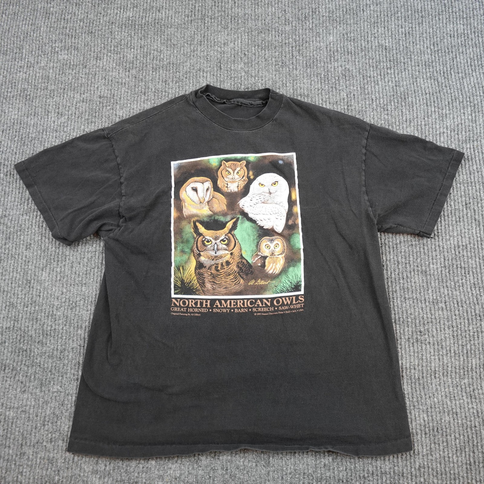 Vintage Nature Discovery Press Shirt Mens Large Black North American Owls 1993