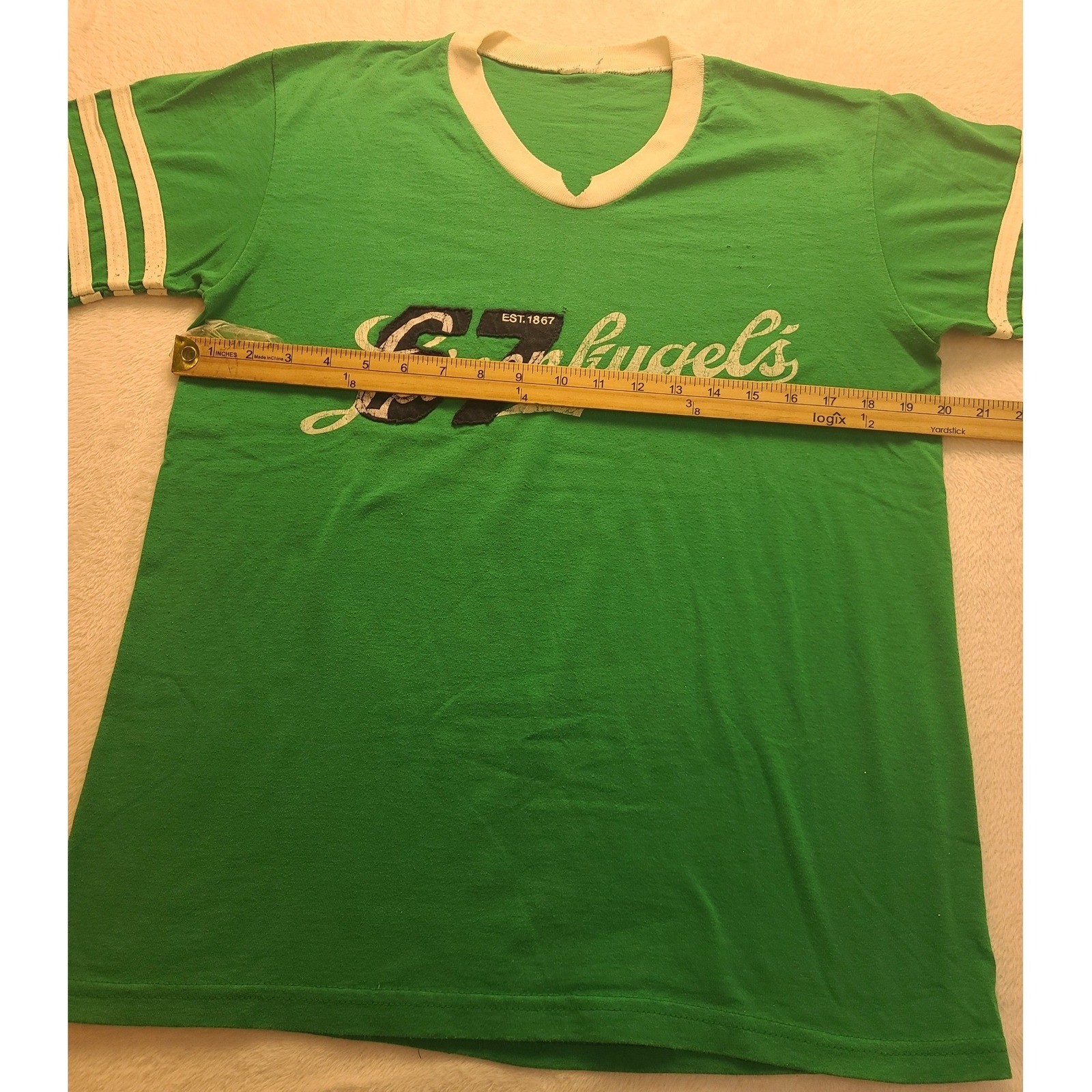 Vintage Leinenkugels Beer Green Ringer T-Shirt V-Neck Athletic Stripe Distressed gallery