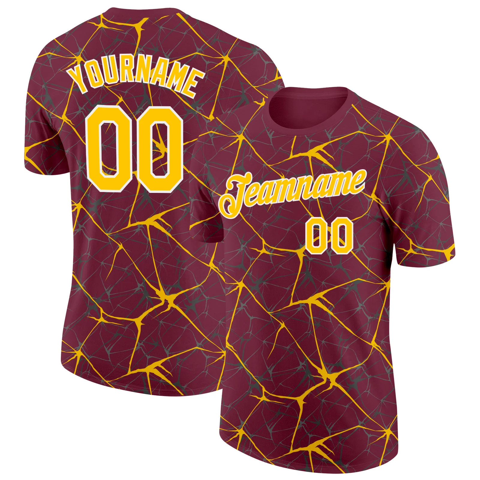 Custom Burgundy Yellow Abstract Crackle Sports Tee Personalized Jersey Gift gallery