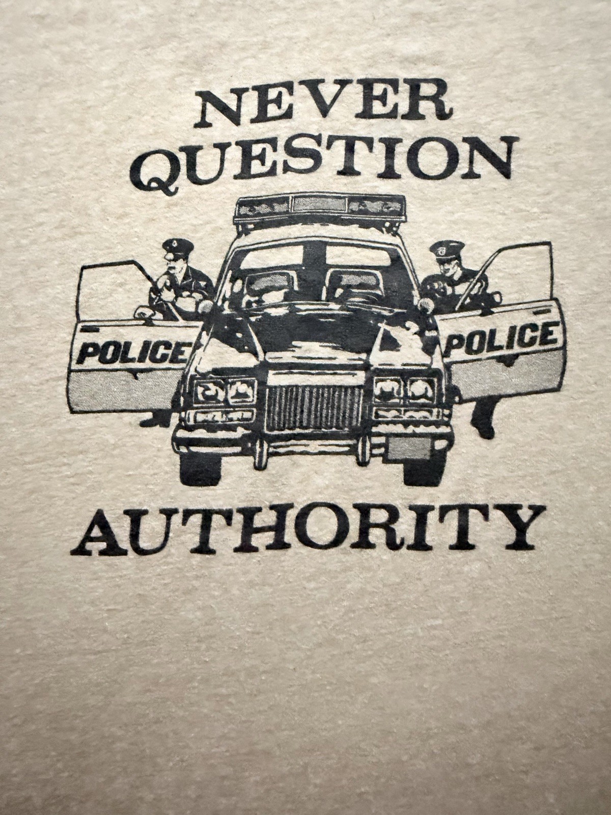 Vintage 1980s Never Question Authority Ringer Tee Brown XL Police Censorship gallery