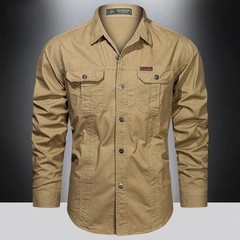 Men’s Long-Sleeve Western Shirts Cotton Button-Up Military Style