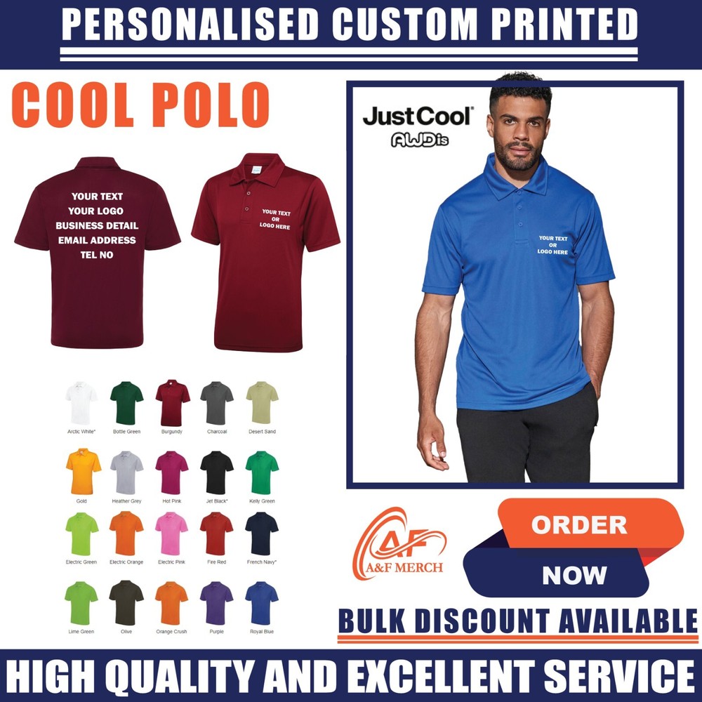Personalised Custom Just Cool Awdis Polo T-shirt Casual Short Sleeve JC040