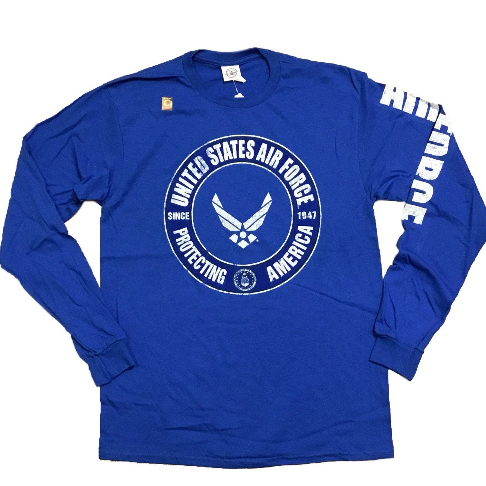 US Air Force Long Sleeve Blue T-Shirt Protecting America USAF Vet Sleeve Print gallery