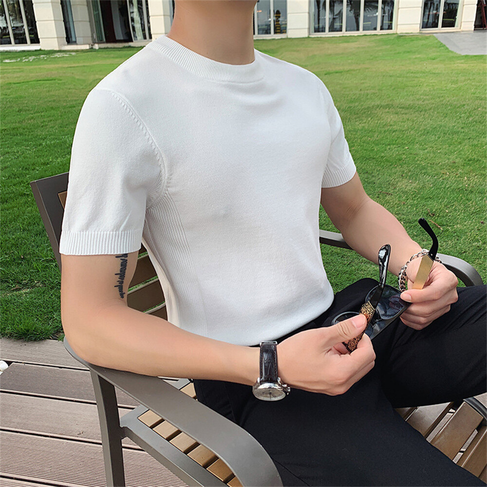 Men's Knitted Short Sleeve T-Shirt Classic Casual Slim Round Neck Shirts gallery