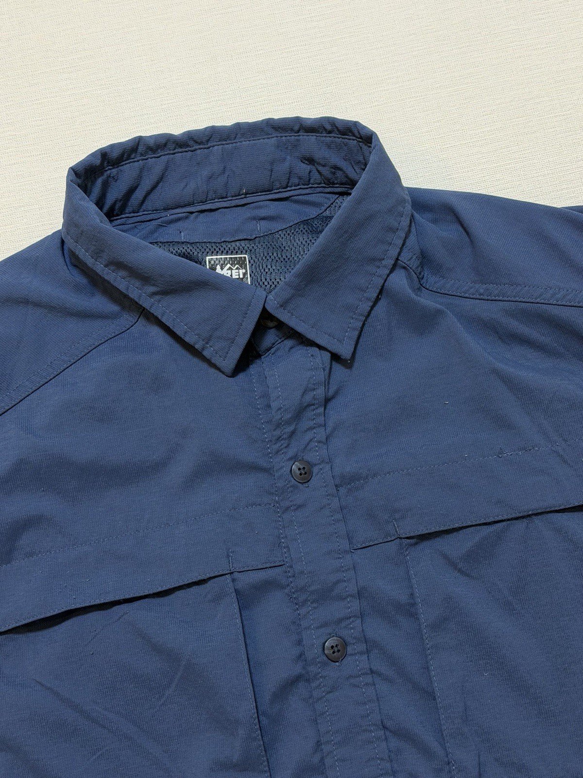REI Sahara Shirt Men’s Large Blue Stretch Button Up Quick Drying Hiking Nylon