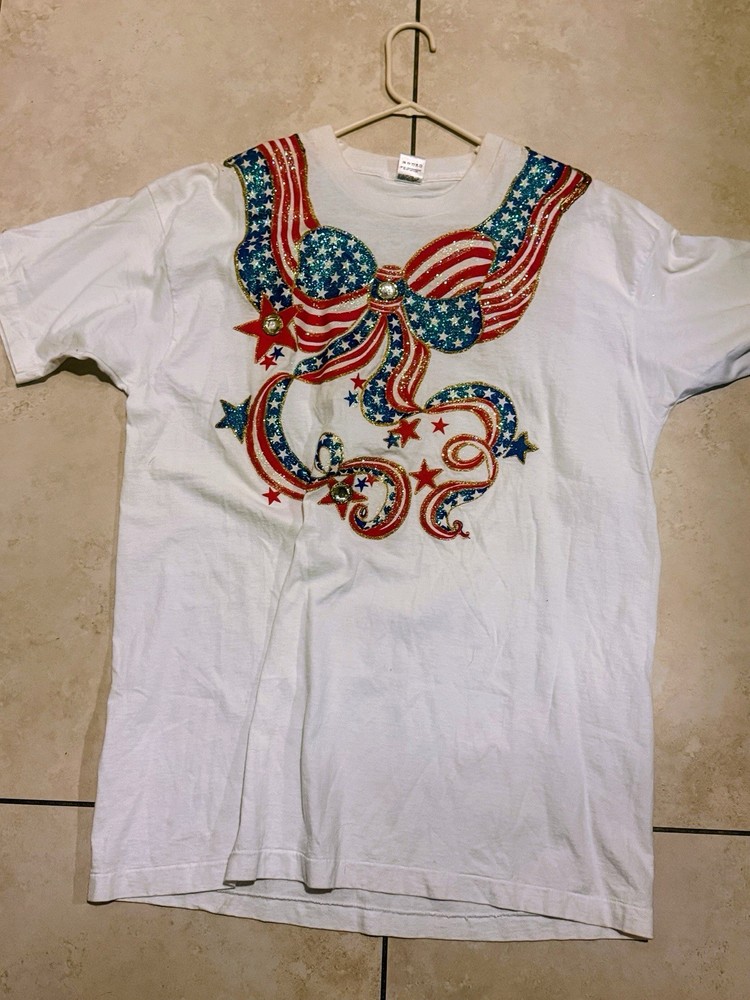 VTG Custom Made American Flag On A Fruit of the Loom White Single Stitch XXL