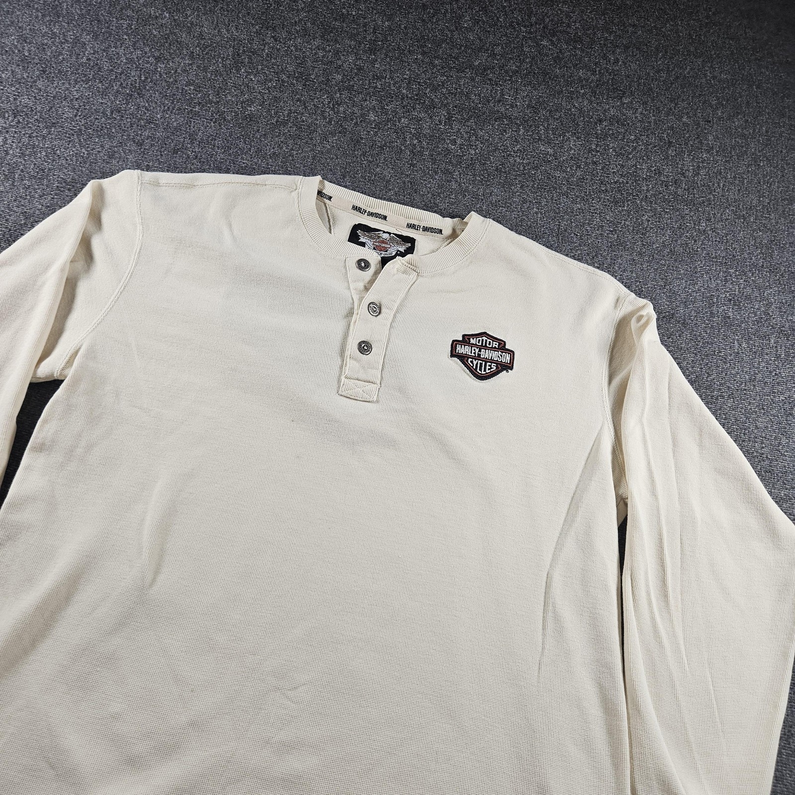 Harley-Davidson Shirt Mens Large White Thermal Henley Long Sleeve Biker Tee gallery