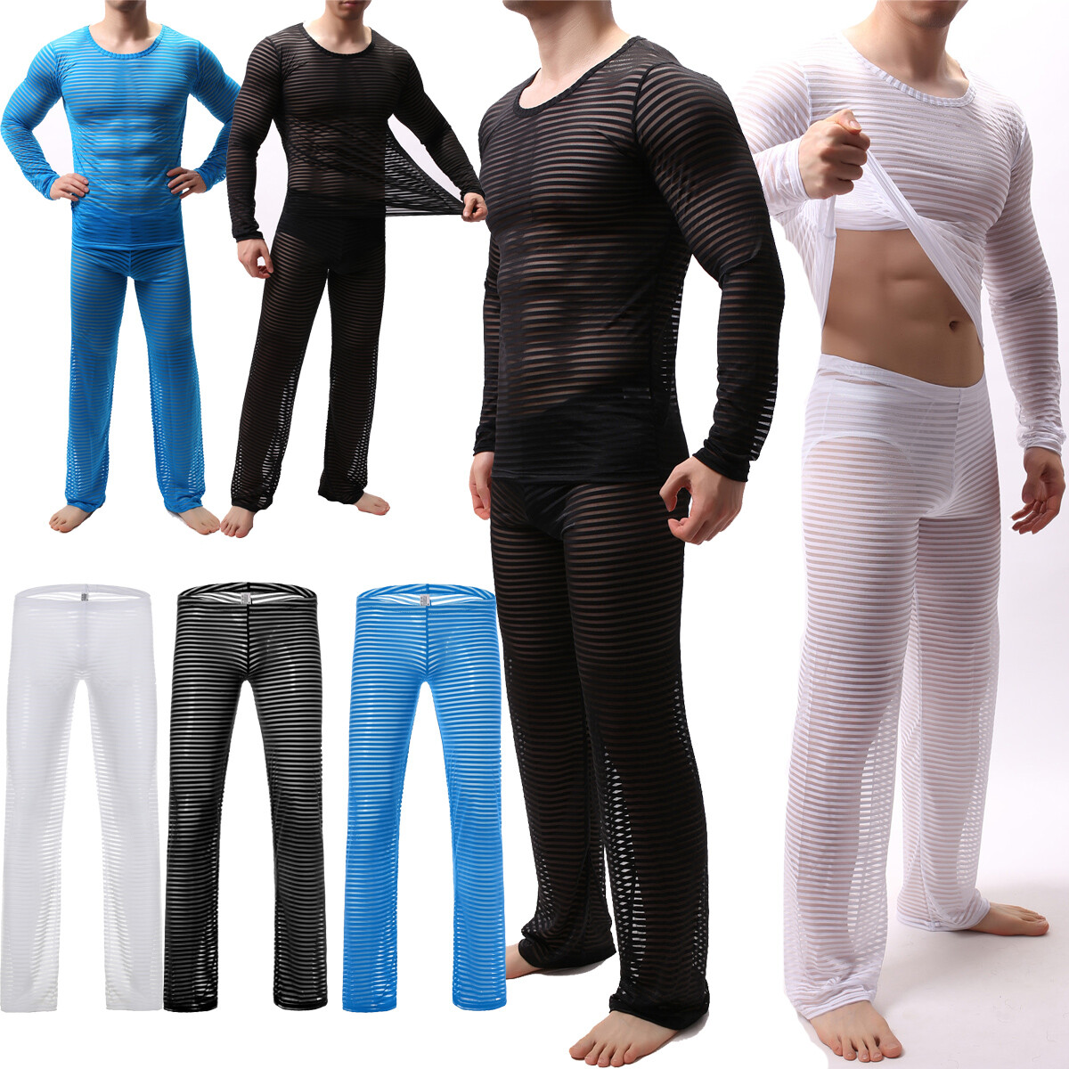 Mens Undershirt Mesh Men See Through Sheer Short Sleeve Sexy T-shirt Long Pants
