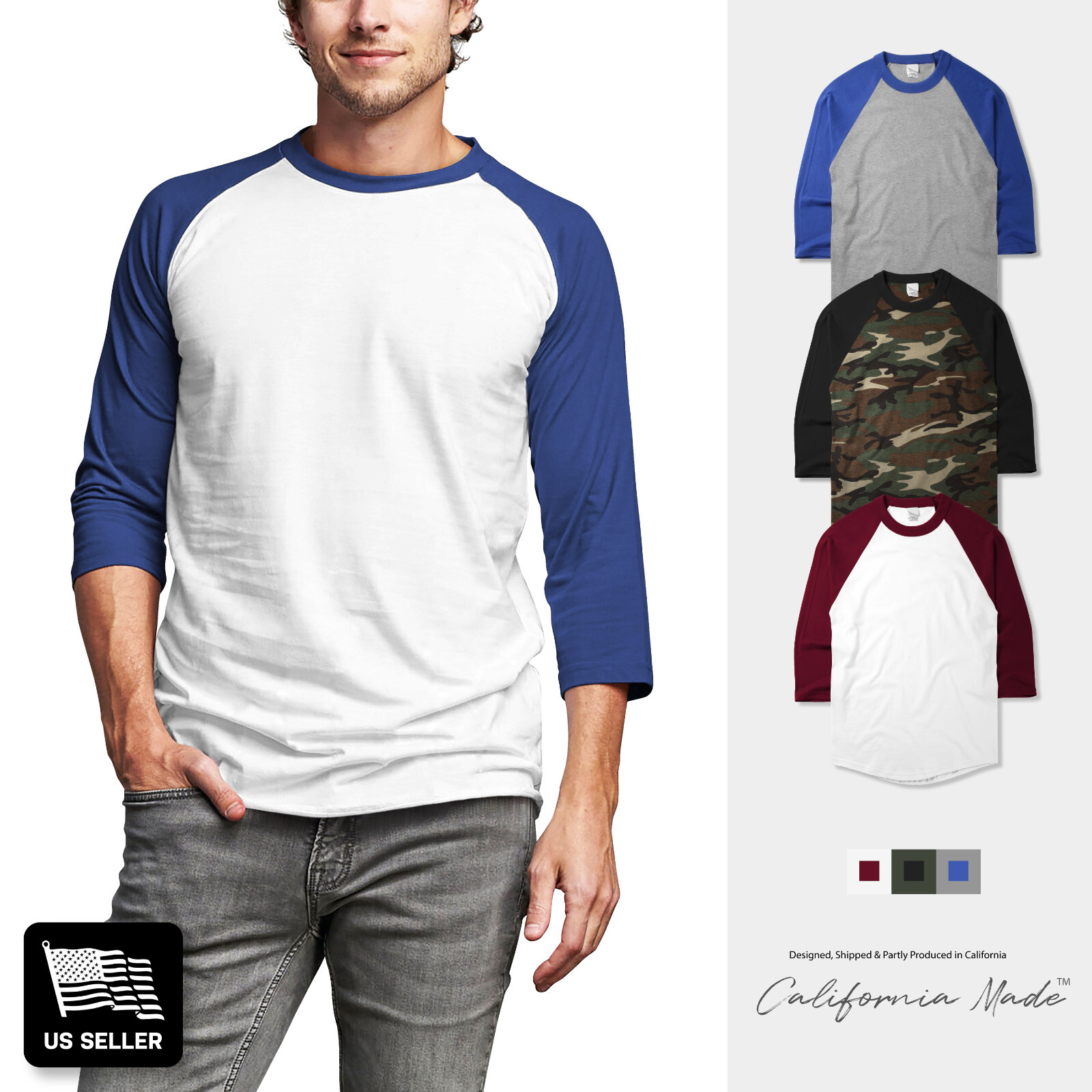 Mens Baseball Raglan 3/4 Sleeve T Shirts Camouflage Sports Team School Dance gallery