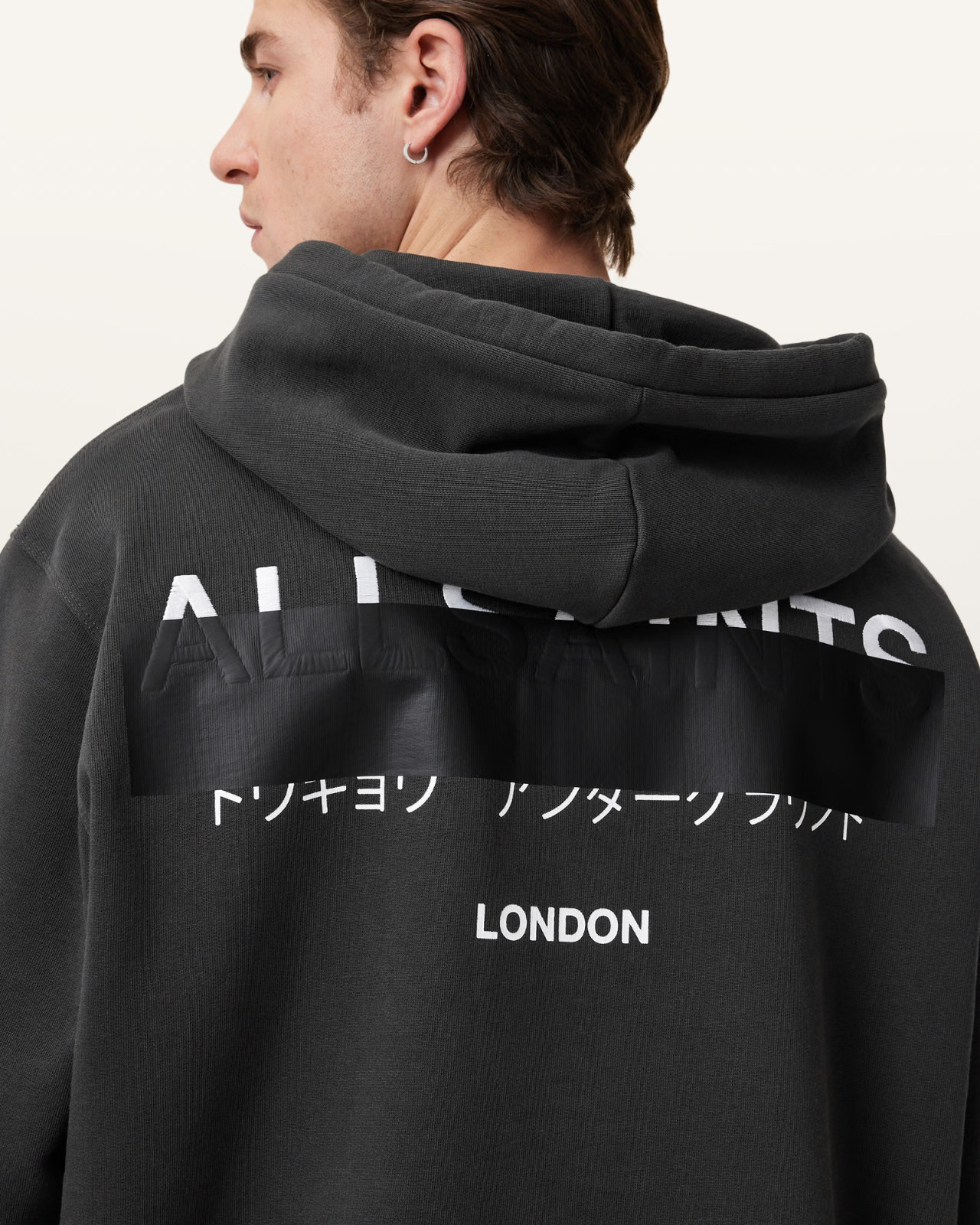All Saints Mens Redact Washed Black Hoodie Relaxed Fit Embroidered Sweatshirt gallery