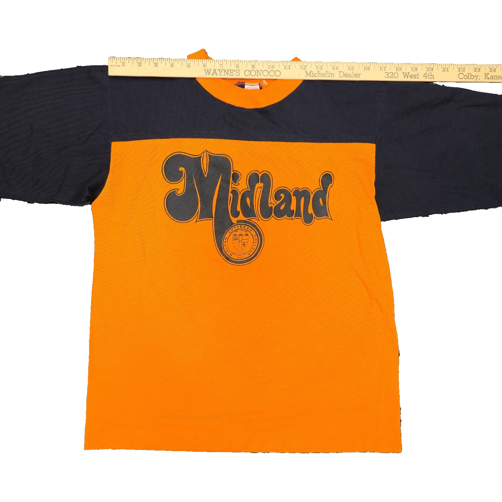Vintage 70s Midland Lutheran College Shirt Medium Artex Made In USA Black Orange gallery