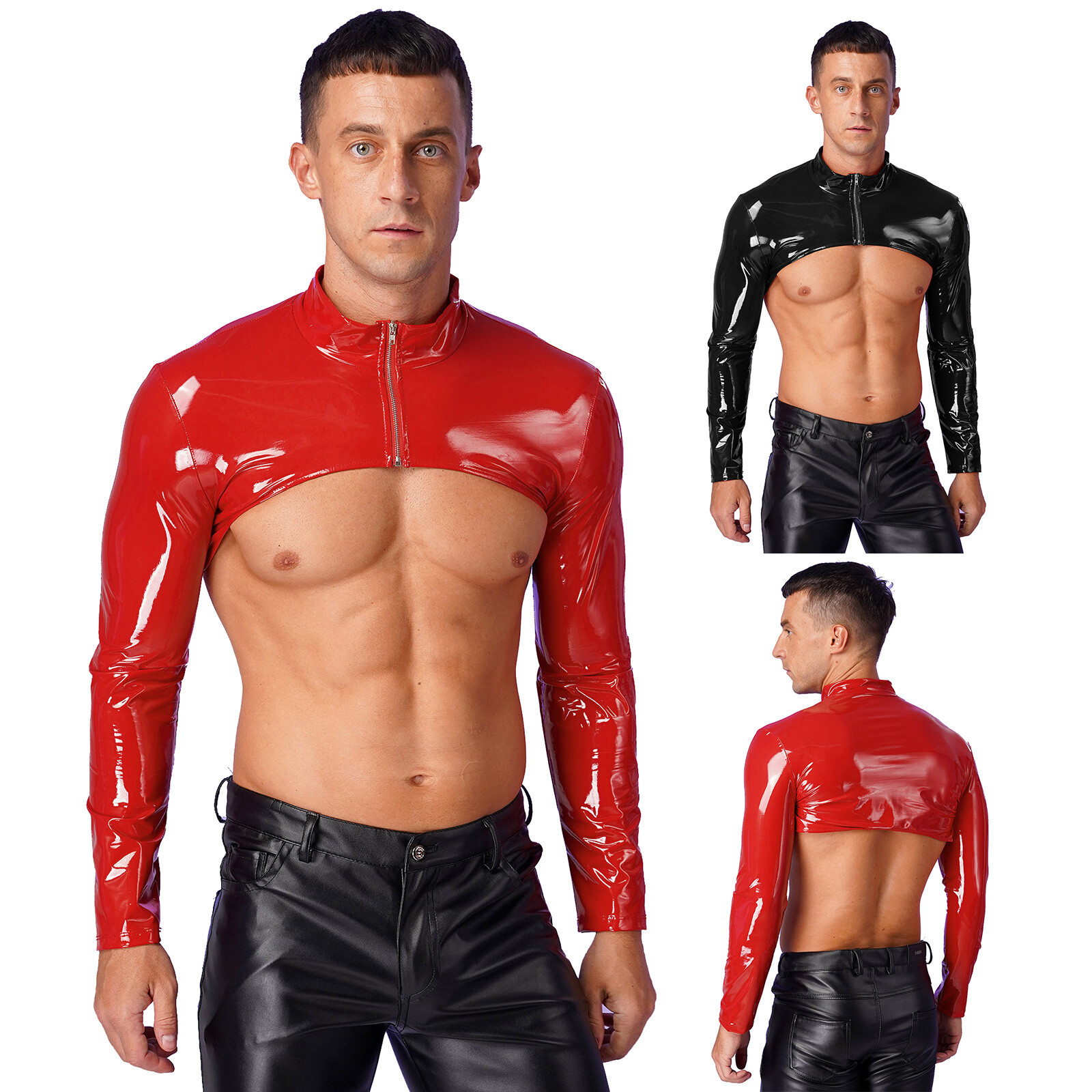 Men Muscle Fitness Cropped Jacket Wet Look Latex Clubwear Tops Sexy Half Shirts gallery