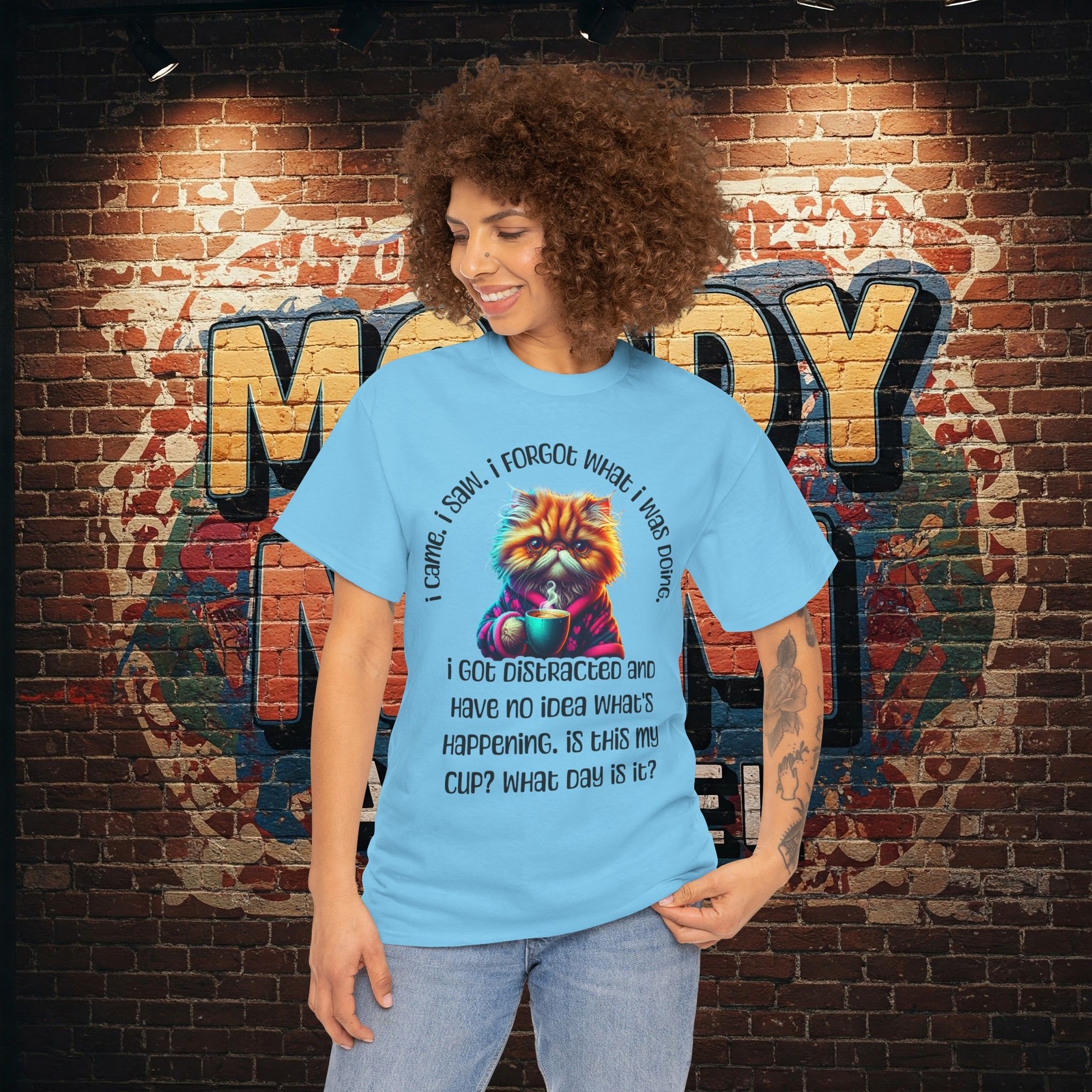 Funny Cat & Coffee Tee – I Came. I Saw. I Forgot What I Was Doing. Aging Humor