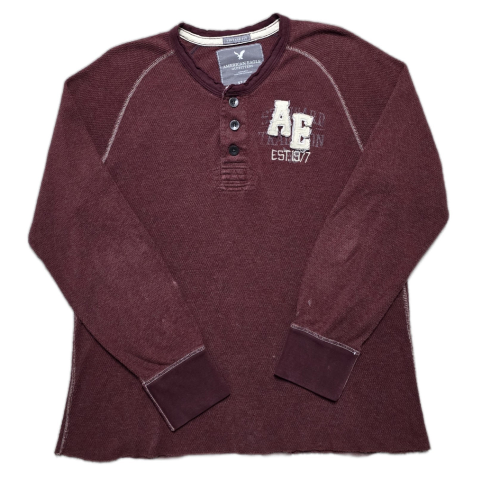 Y2K American Eagle Mens Vintage Fit Henley Waffle Knit Mens XL Maroon Mallcore gallery