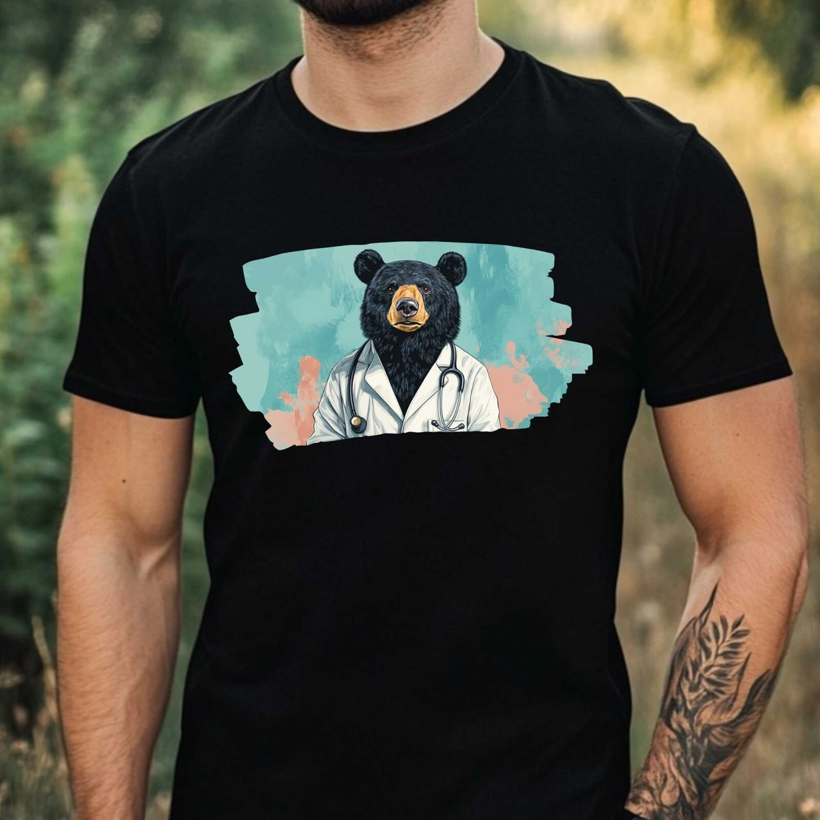Mens Black Bear Doctor Motif Cotton T-Shirt Size XS to 5XL