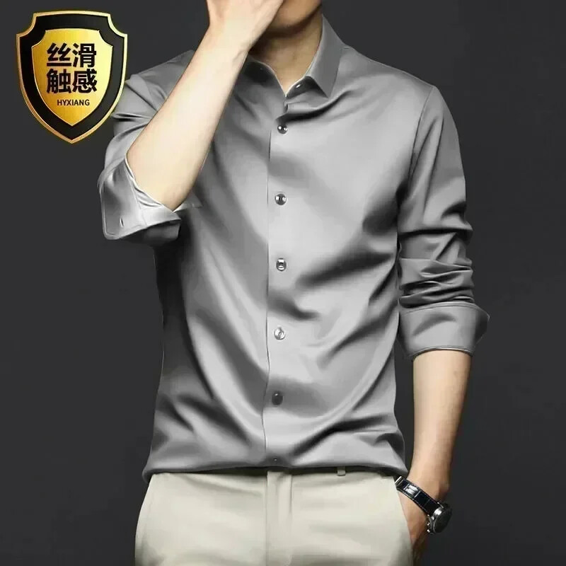 Men's Long Sleeve Shirt Pure Color Shirt Business Casual Ice Silk Glossy Shirt gallery