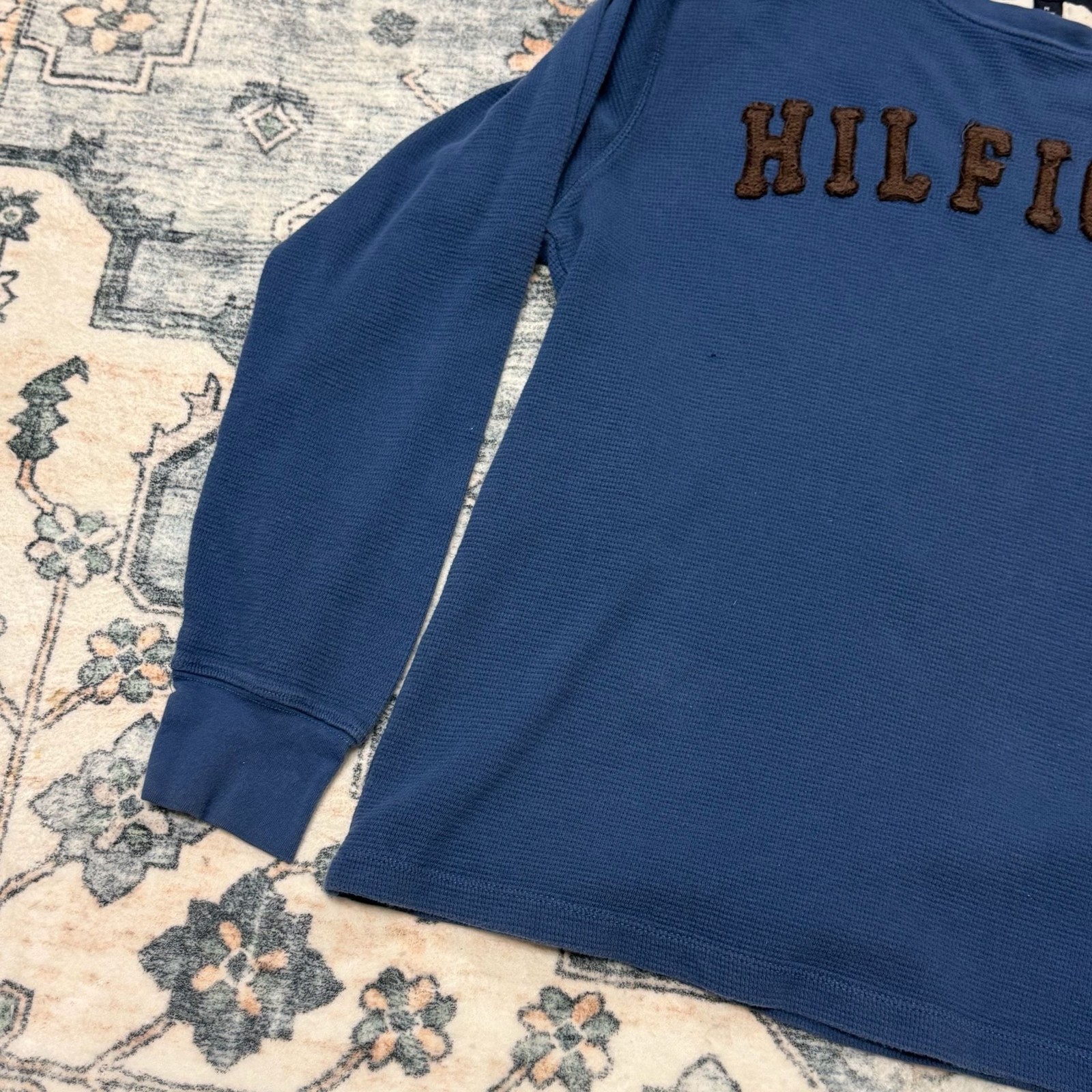 Tommy Hilfiger Vintage Style Blue Waffle Knit Long Sleeve Shirt with Brown Spell gallery