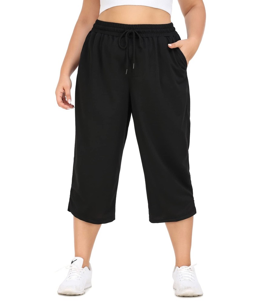 Plus Size Capris for Women Loose Drawstring Yoga Workout Sweat Pants with Poc…