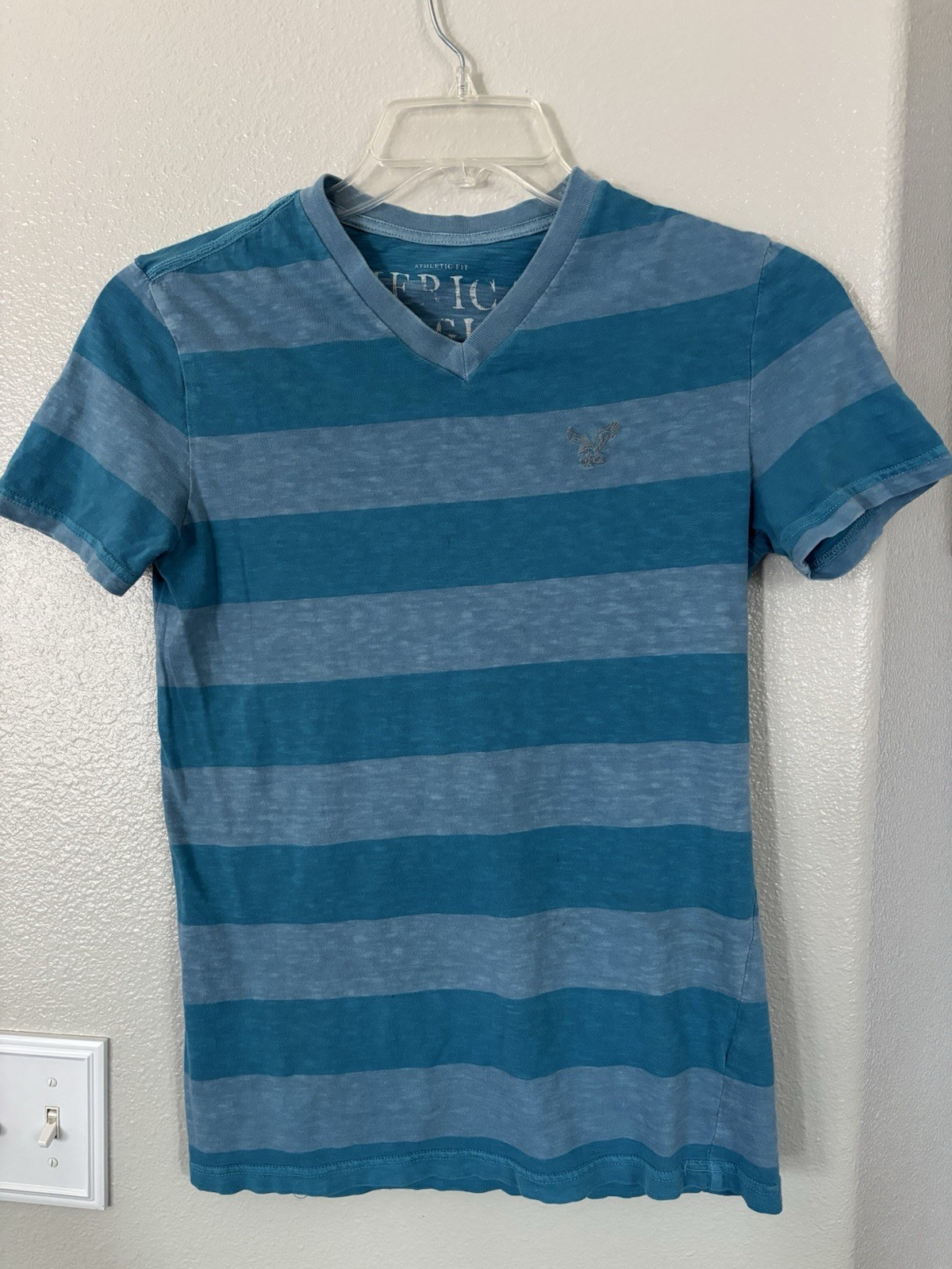 American Eagle Men’s Athletic Fit V-Neck T-Shirt Blue Striped Size