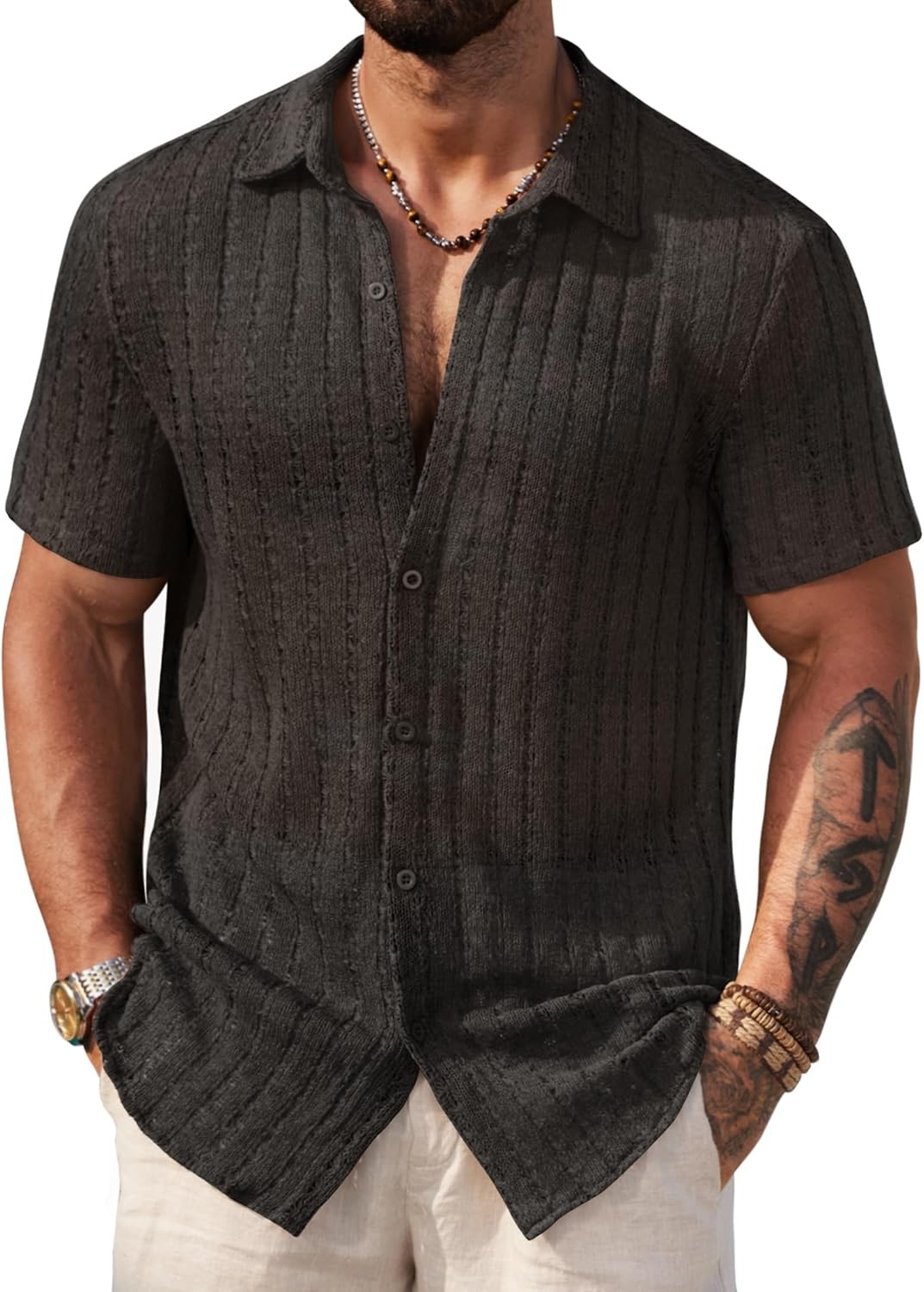 Men's Knit Crochet Button Down Shirt Hollow Out Textured Casual Summer Top S-XXL gallery