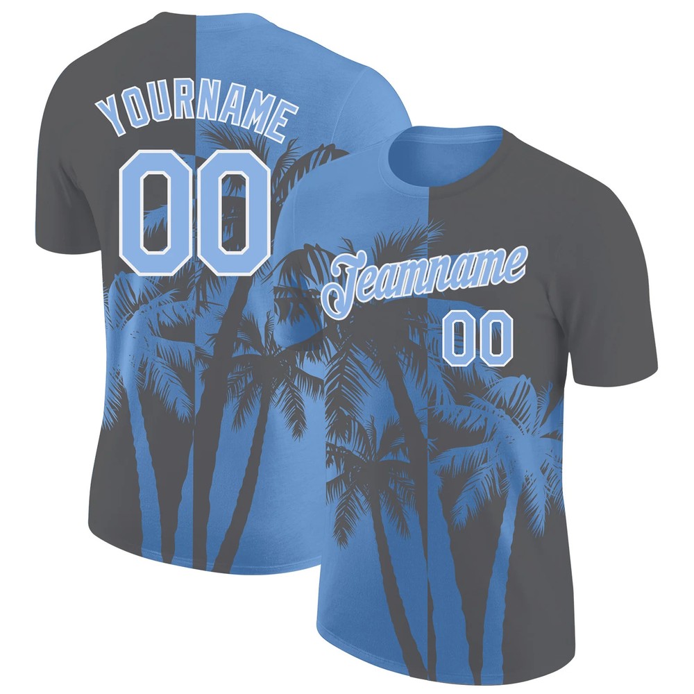 Custom Steel Gray Light Blue White Hawaii Palm Tree T-Shirt Tropical Beach