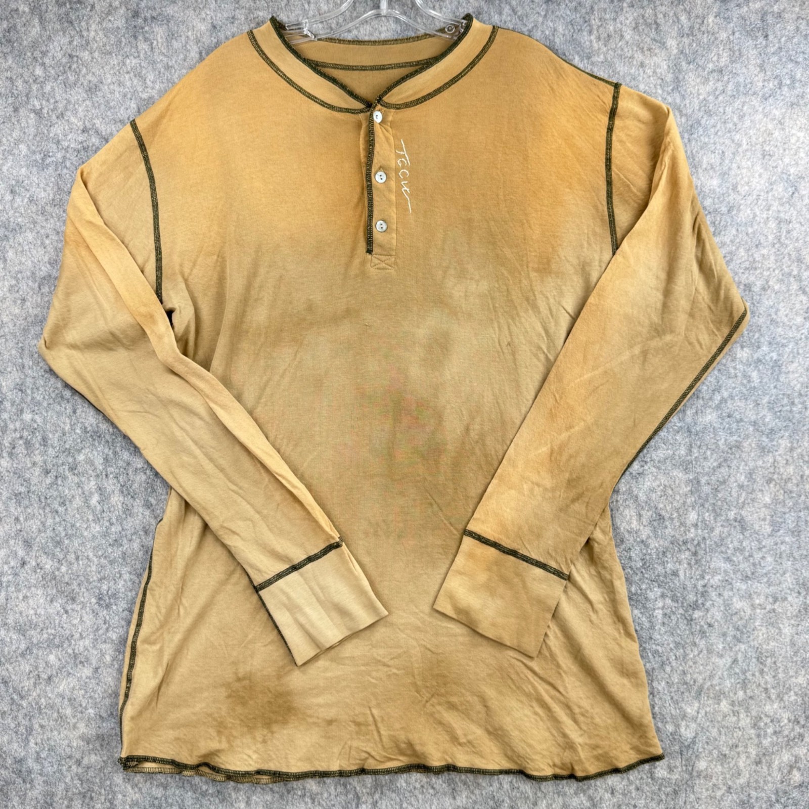The Great China Wall Henley Shirt Sz XXL Tan Long Sleeve Cotton USA