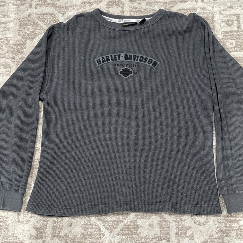 Harley-Davidson Shirt Mens Medium Gray Thermal Waffle Long Sleeve Made USA Vtg