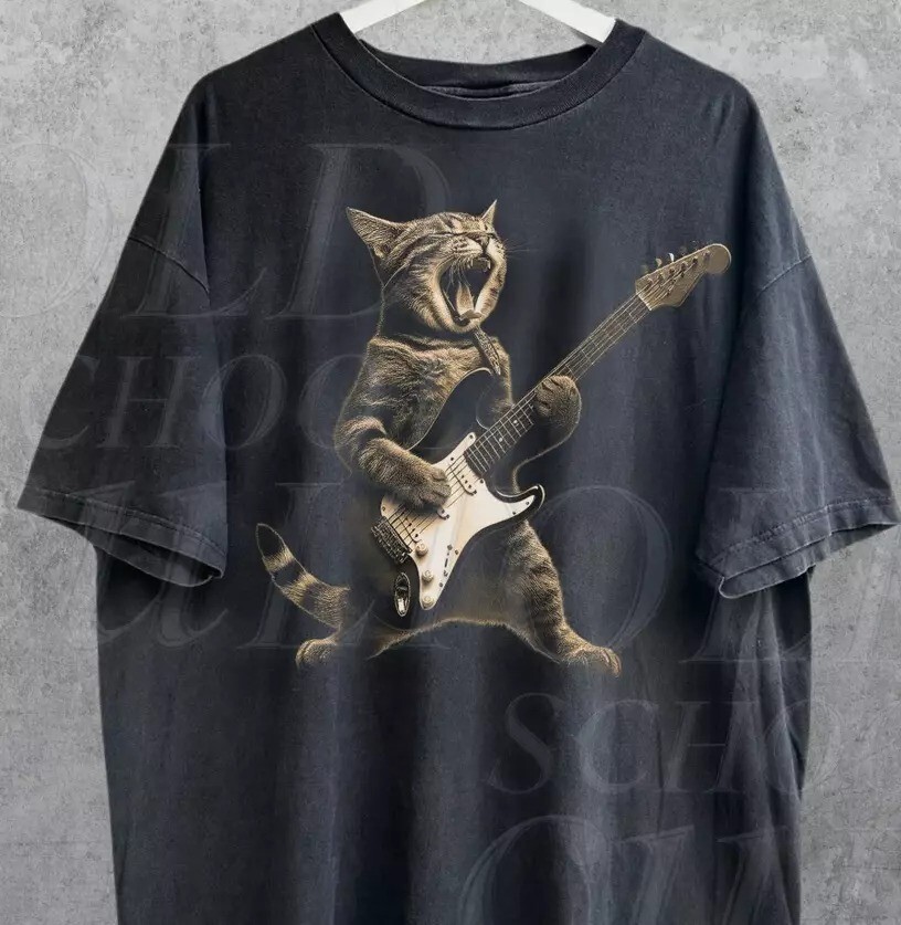 Rock Cat Playing Guitar Vintage Shirt, Retro Funny Guitar Cat T-Shirt