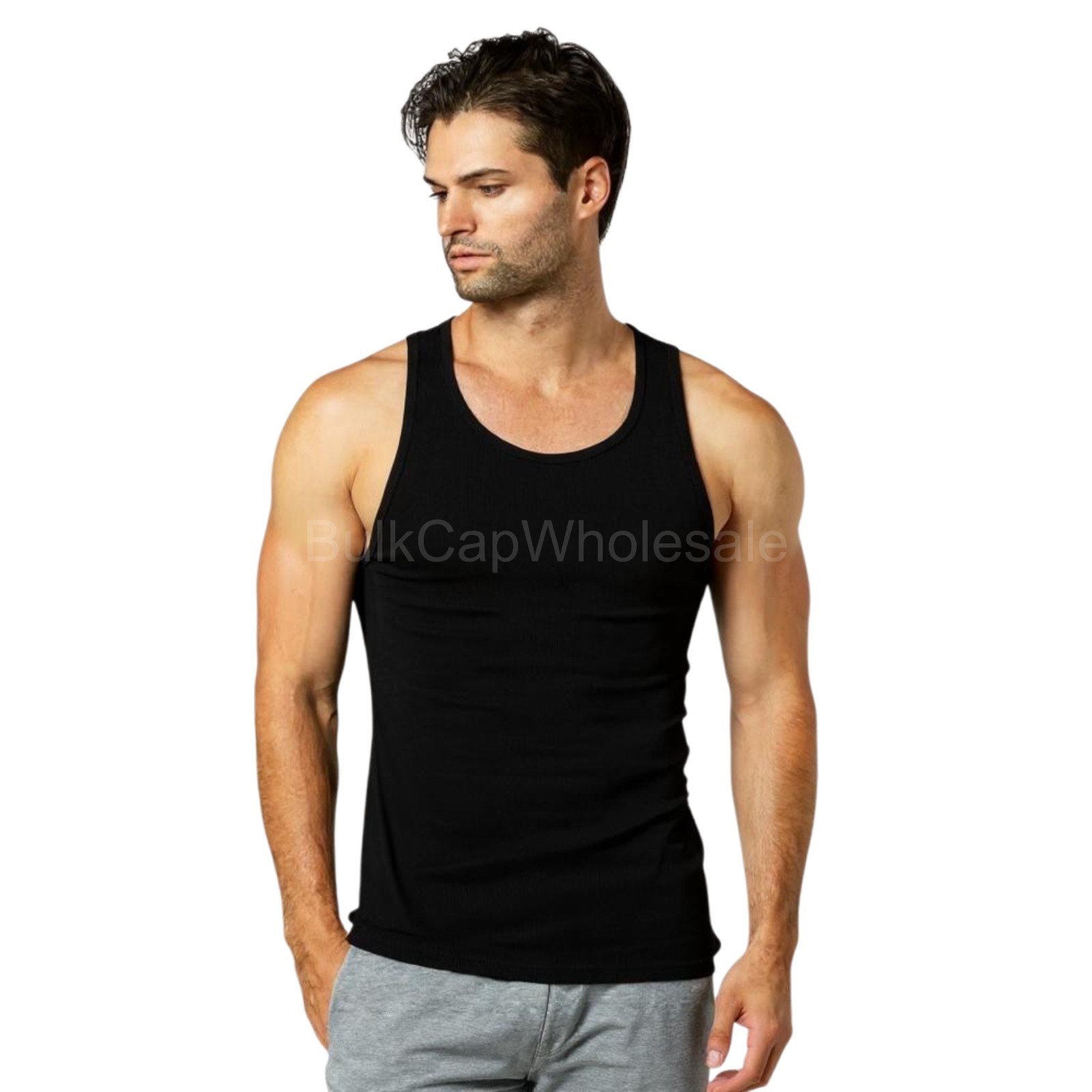 Men's Tank Top 100% Cotton Black Grey A-Shirt Wife Beater Undershirts Size S-3XL gallery
