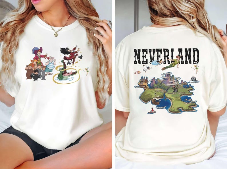 Disney Peter Pan Neverland Map Shirt, Action Scene Graphic Tee, Lost Boys Pirate