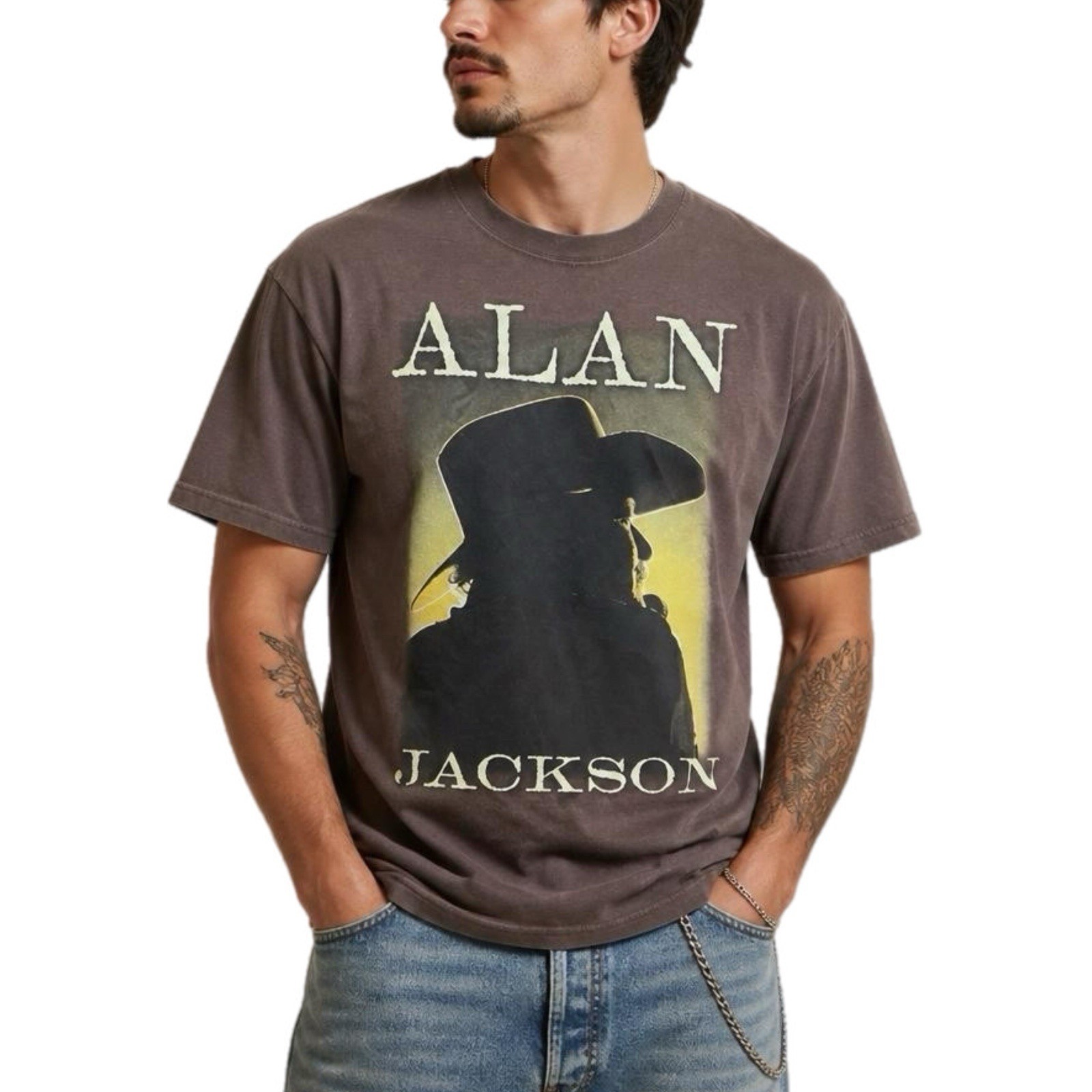Vintage Alan Jackson Tshirt Brown 90s Country Music Graphic Concert Band Tee – L