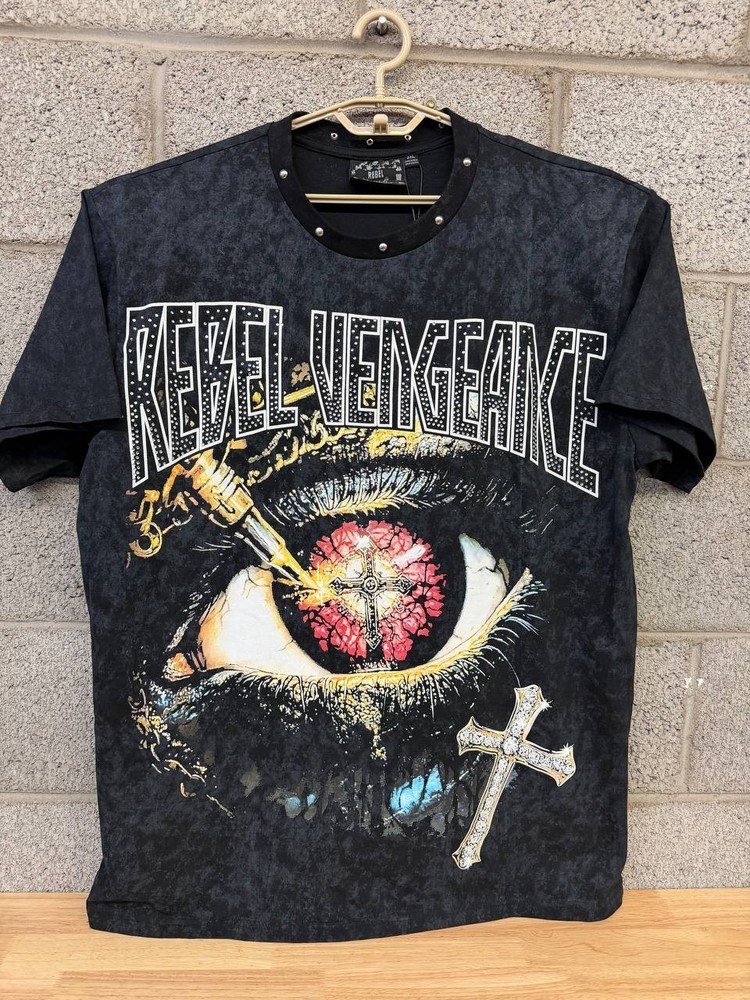 🔥 2024 Rebel Vengeance Eye Cross Studded Tee Black Acid Wash 3XL NWT