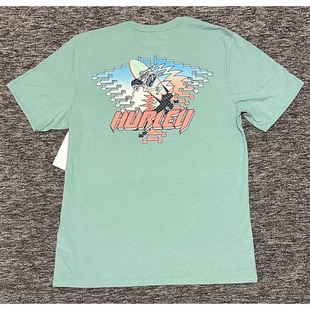Hurley Mens Medium Broken Jade Heather Off The Top Skeleton Surfer Graphic Shirt