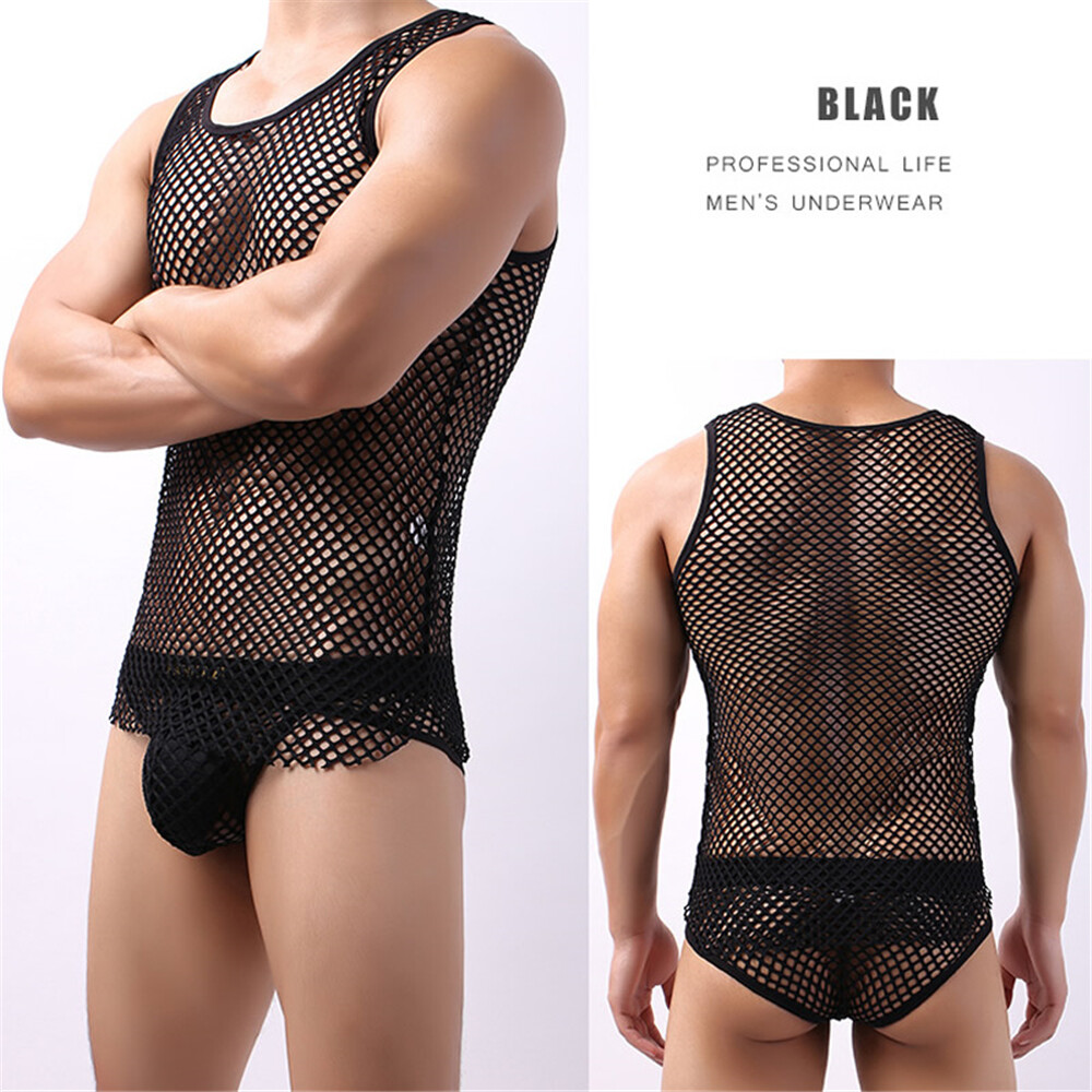 Men Lingerie Tank Top Mesh See Through Fishnet Vest T-Shirt Sleeveless Sport Top gallery
