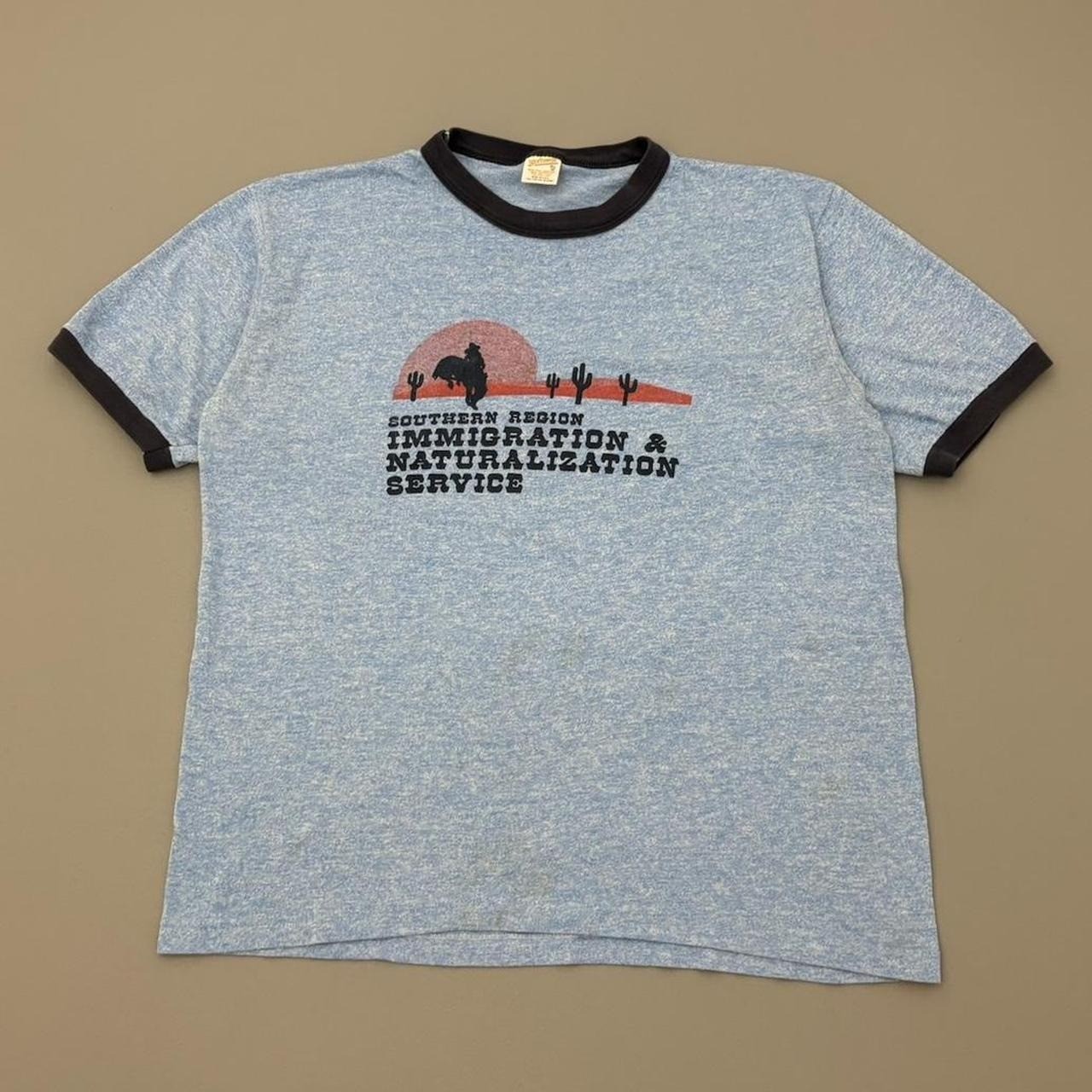 Vintage 70s Southwestern Immigration Ringer Shirt Blue Polycotton True Large