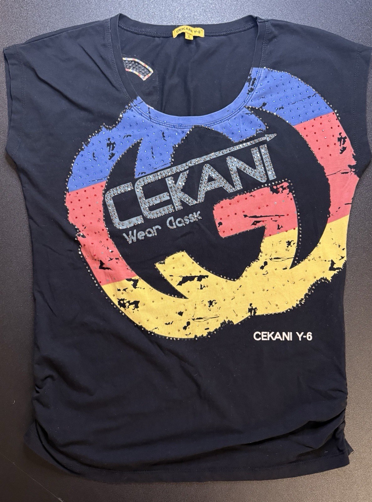 Graphic Print Rhinestone Women’s T Shirt XL Black Streetwear CEKANI Y-6 Tee