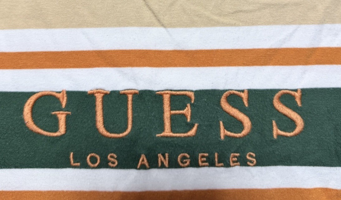 Guess Los Angeles Striped T Shirt Mens Size M Made in India VTG Green Orange Y2K gallery