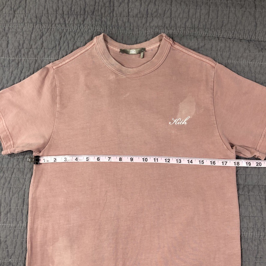 Kith Shirt Men XS Pink Script Logo Embroidered Tee Crewneck Distressed Patina gallery