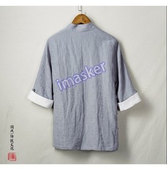 Spring Summer Chinese Style Men’s Linen Tang T-shirt Ethnic Hanfu 3/4 Sleeve Top
