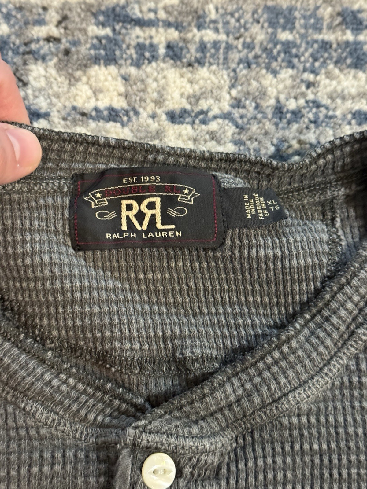RRL Ralph Lauren Men’s Gray Waffle Knit Henley T Shirt Sz XL Thermal 100% Cotton gallery