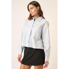 Light Blue Embroidered Polka Dot Blouse Button Down Long Sleeve Size S