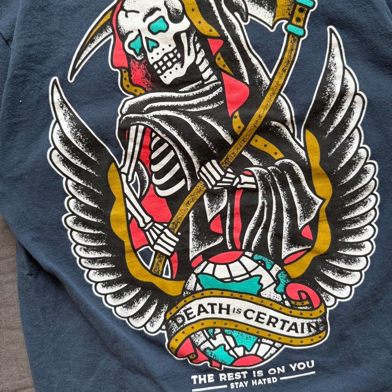 DEATH IS CERTAIN Graphic Skater Tee - Faded Blue Grunge Shirt, Size M gallery