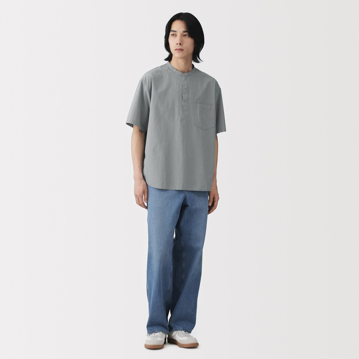 MUJI Mens 100% Organic Cotton Cool Touch Henley Neck T Shirt Gray Check FedEx gallery