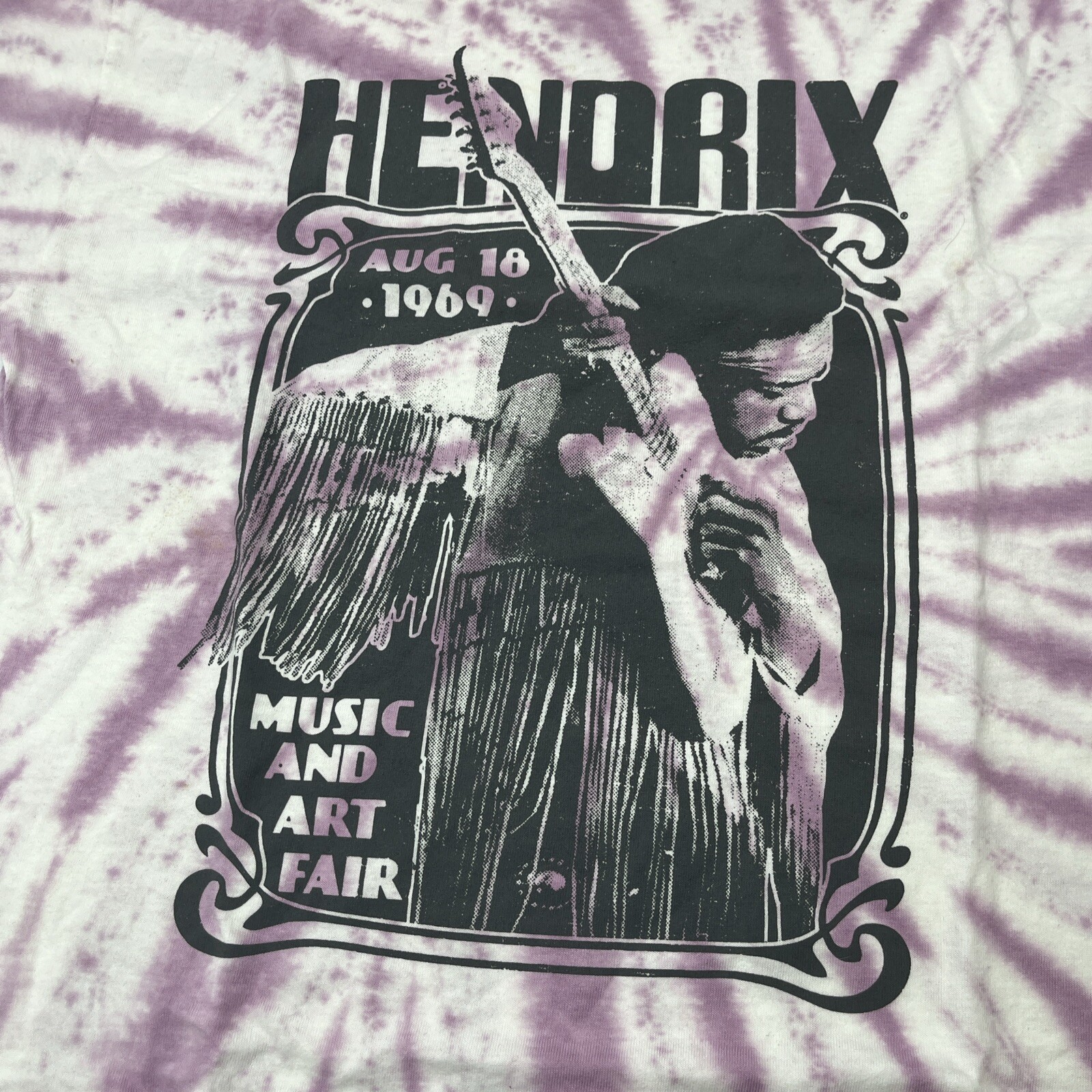 Jimi Hendrix Aug 18 1969 Music and Art Fair size Medium T shirt Tye Dye Purple gallery