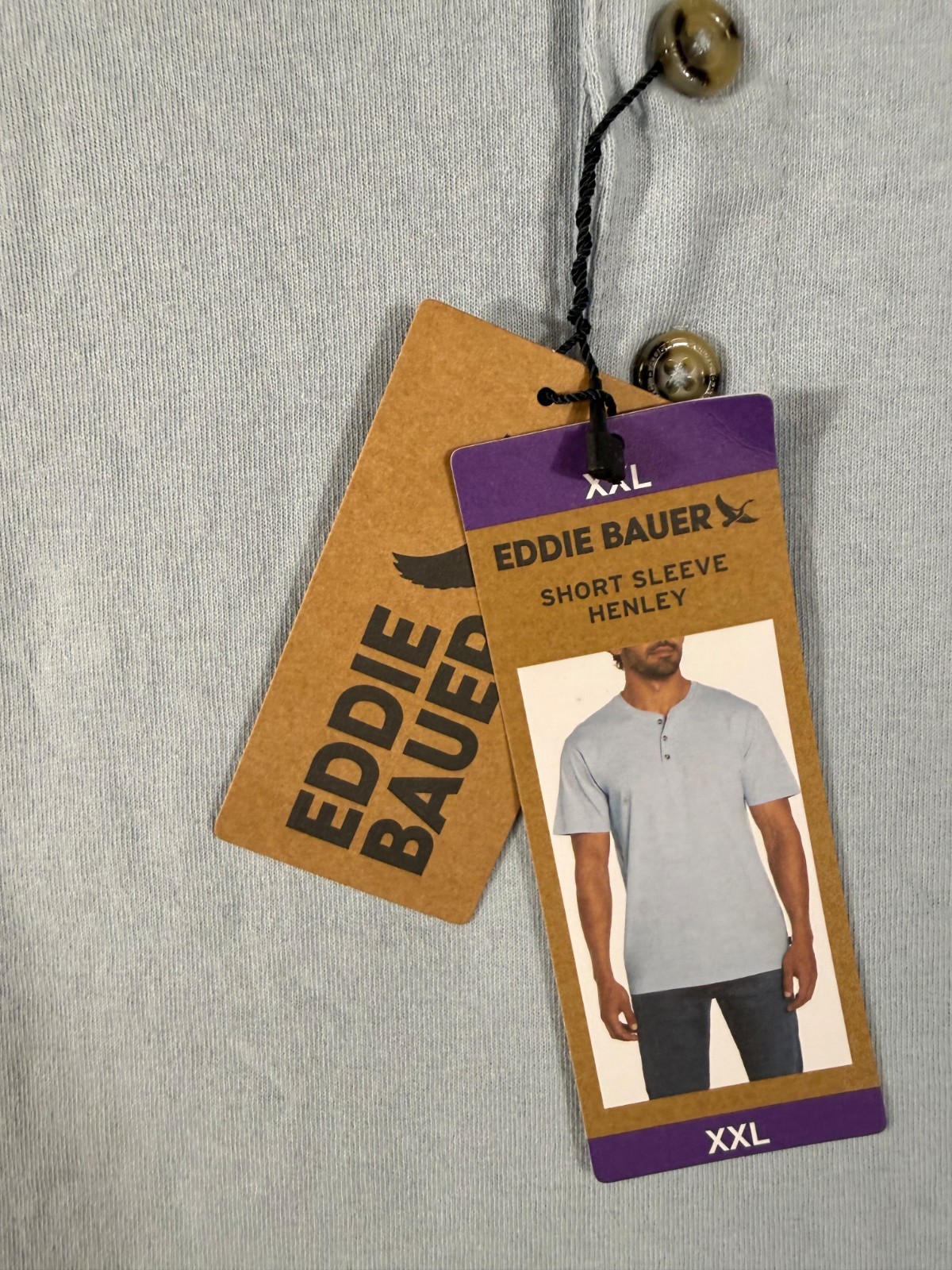 Eddie Bauer Henley T-Shirt Mens 2XL Light Blue Short Sleeve Quarter Button NWT gallery
